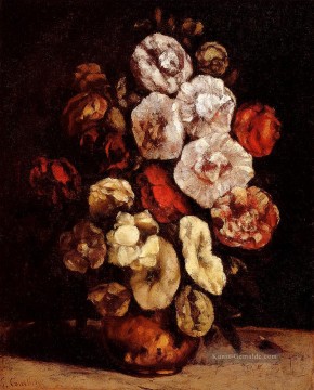  blumen - Stockmalven in einer kupfernen Schüssel Maler Gustave Courbet impressionistische Blumen